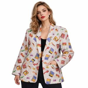 Vintage Carol Horn Workshop Blazer Womens 2XL Silk Graphic Travel Print Jacket 9
